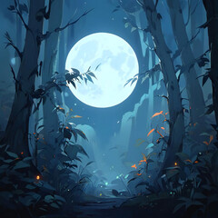 Fototapeta premium A silent forest illuminated by moonlight. The light of the full moon pours down, making the entire forest glow pale blue.