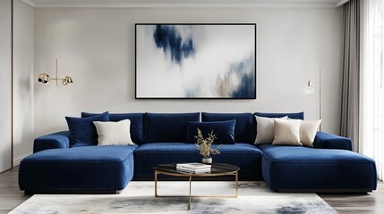 Modern Living Room Interior With Blue Velvet Sofa And Art