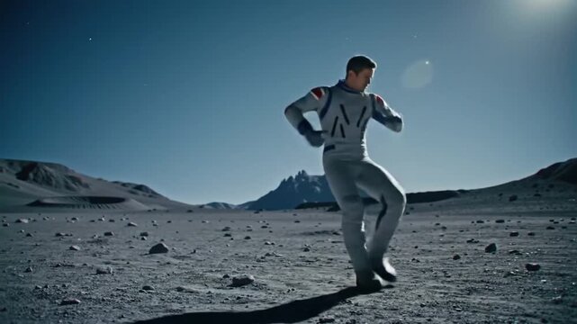 Male astronaut doing a moonwalk dance on the Moon surface, filmed with a 2x anamorphic lens for a cinematic widescreen look. Energetic and detailed lunar scene.
