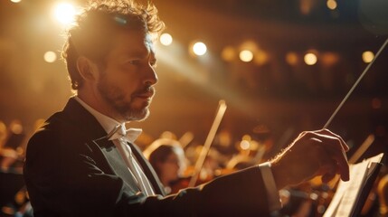 Naklejka premium The conductor, illuminated by the lights