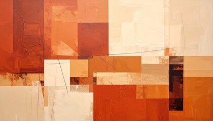 Abstract artwork featuring geometric shapes and color blocks in shades of orange and beige.
