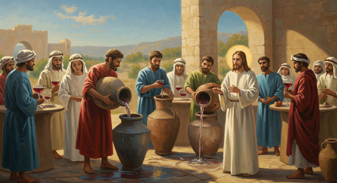 Jesus performing miracle of turning water into wine at wedding feast with disciples around him