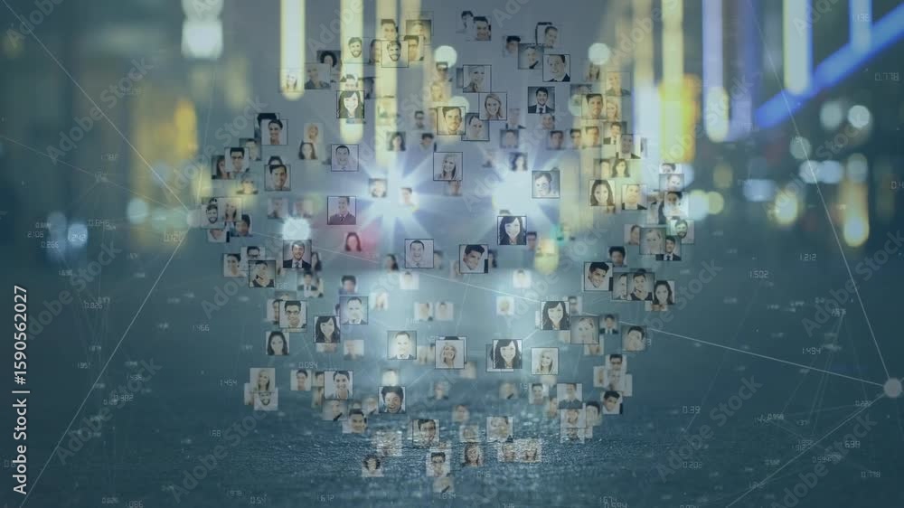 Poster floating headshot thumbnails converging into pulsating spherical tech network with numeric overlays