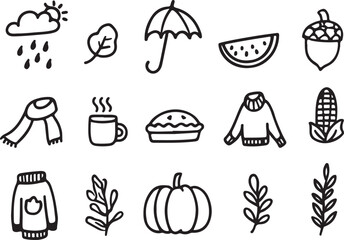 Autumnal icons featuring weather food clothing and plants season rain