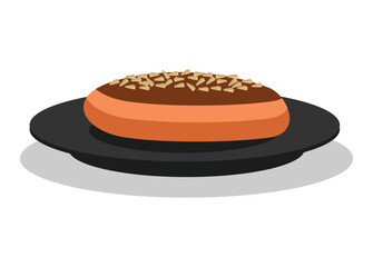 Bread with chocolate cream and cashew toppings on a lid. Simple flat illustration. 