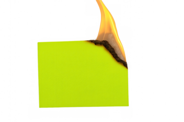 Burning green sticky note, flames consuming paper surface, dramatic destruction silhouetted against transparent backdrop