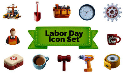 Labor Day icon set featuring tools, clock, and worker symbols  