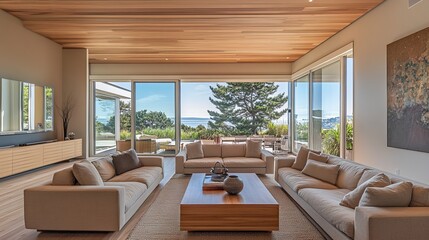 Modern Living Room Interior With Ocean View And Minimalist Design