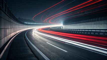 Captivating light trails illuminate a curved highway tunnel at night