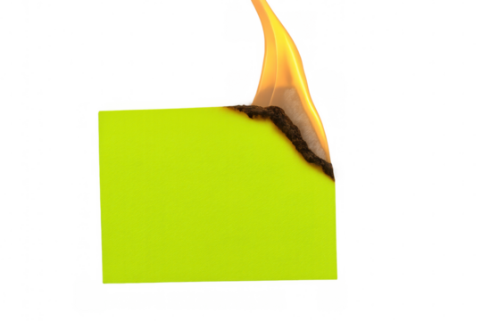 Burning green sticky note, flames consuming paper surface, dramatic destruction silhouetted against transparent backdrop