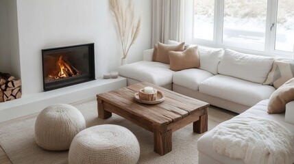 Cozy Living Room Interior With Fireplace And Rustic Table