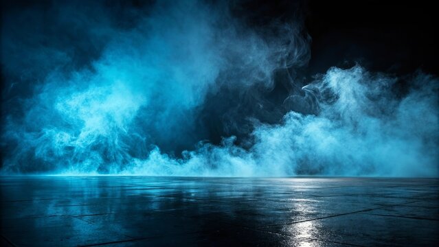 Mysterious blue smoke billowing across a wet reflective dark floor