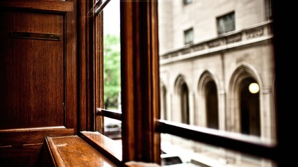 Window's wooden frame overlooking an old, arched building with trees in the background
