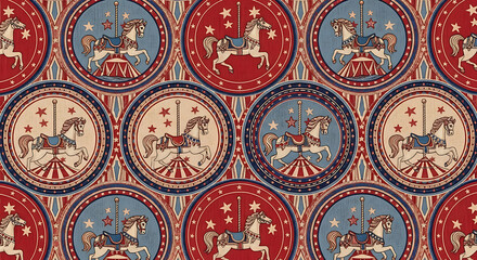 Festive vintage pattern shows carousel horses and stars in red, white, and blue, conveying a patriotic and nostalgic atmosphere perfect for backgrounds.