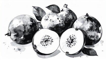 白黒墨絵のグアバと断面の構図