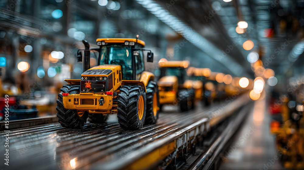 Poster a factory with many yellow tractors on a conveyor belt. the tractors are being assembled and are in 