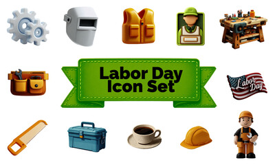Labor Day icon set featuring tools, safety gear, and symbols  