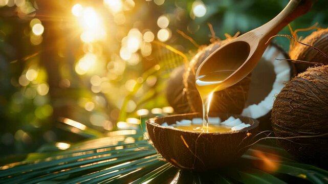 Fresh coconut oil drizzled from a wooden spoon into a half coconut shell in a tropical setting during sunset