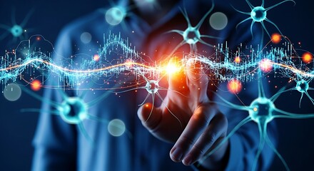 Neural network visualization concept. Hand interacts with a complex holographic web of neurons, showing the data flow in a deep learning model.