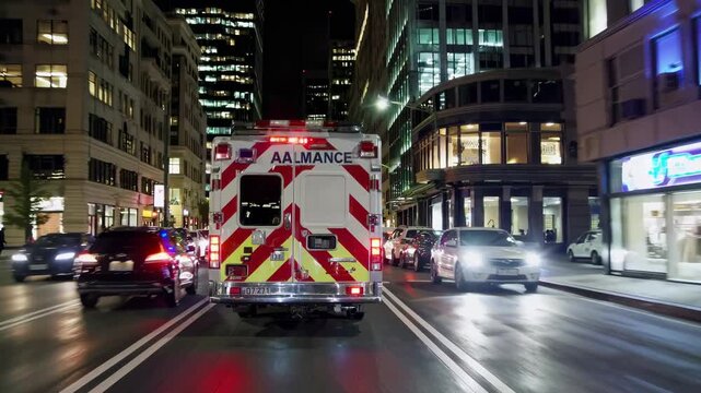 Nighttime cityscape with an ambulance in motion, captured from a rear low-angle. The video style highlights urban life and emergency response.