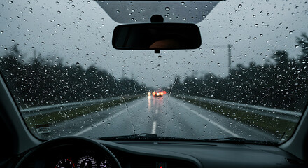 Rainy drive perspective: Water drops on windshield, wet road, and distant car lights