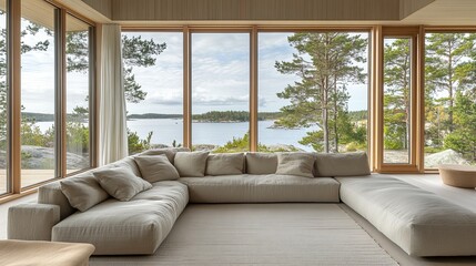 Fototapeta premium Coastal Home Interior, Modern Living Room With Scenic Sea View