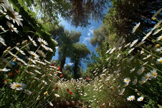 A worms' eye view from underneath of a beautiful garden of flowers with daisies and a blue sky.	
