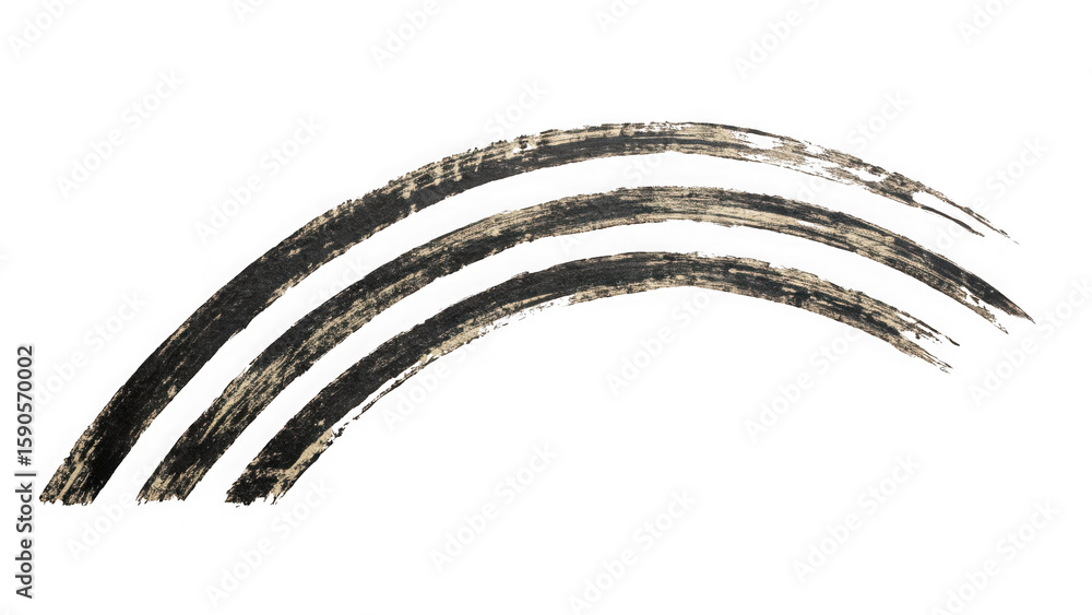 Poster three curved brush strokes of black and white paint on a solid black background creating abstract ar