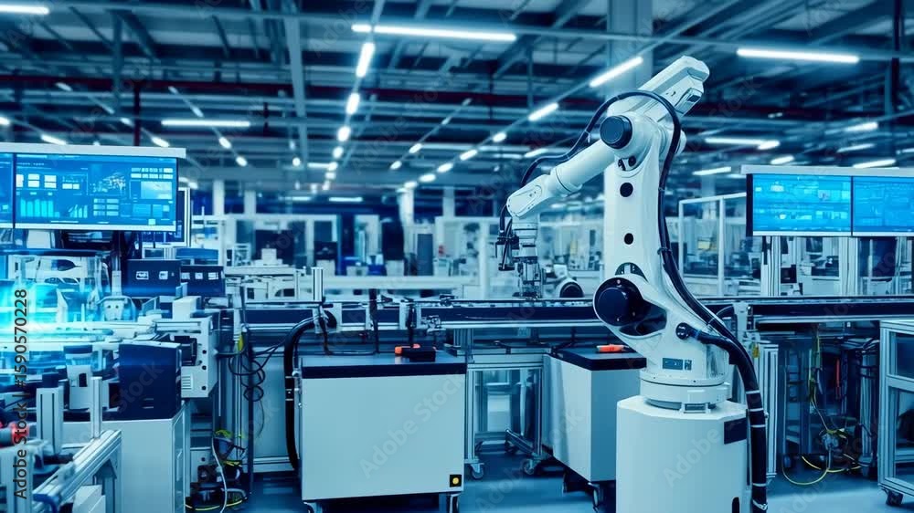 Poster mechanical arms performing tasks on a futuristic assembly line, enhanced with glowing digital data v