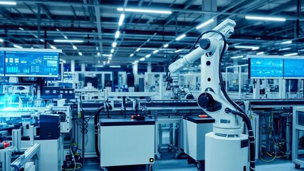 Mechanical arms performing tasks on a futuristic assembly line, enhanced with glowing digital data visualization, representing automation and smart manufacturing in industry 4.0 - Powered by Adobe