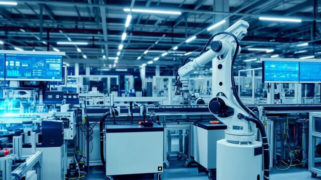 Mechanical arms performing tasks on a futuristic assembly line, enhanced with glowing digital data visualization, representing automation and smart manufacturing in industry 4.0 - Powered by Adobe