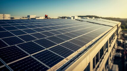 Technician working on a large solar panel installation atop a modern building, harnessing renewable energy while the sun sets, contributing to sustainability and clean energy solutions
