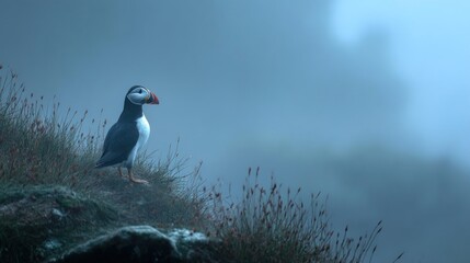 Puffin on misty cliffside