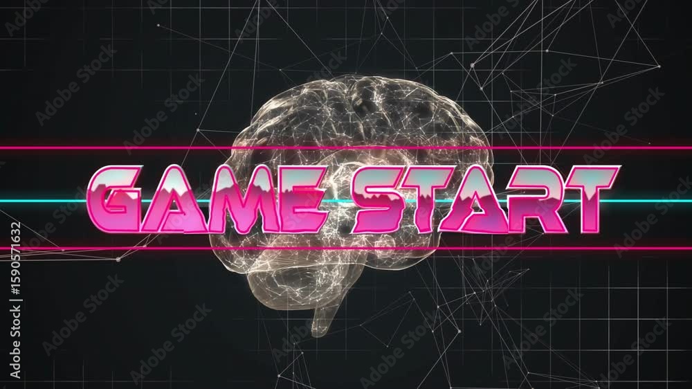 Poster neon letters drifting in signaling game start text materializing 3d brain rotating and bars sliding