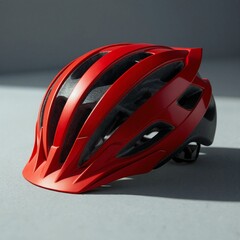 Fototapeta premium Modern red bicycle helmet with aerodynamic design placed on a gray background, perfect for cycling safety, sports equipment advertising, active lifestyle, and outdoor adventure promotional visuals.