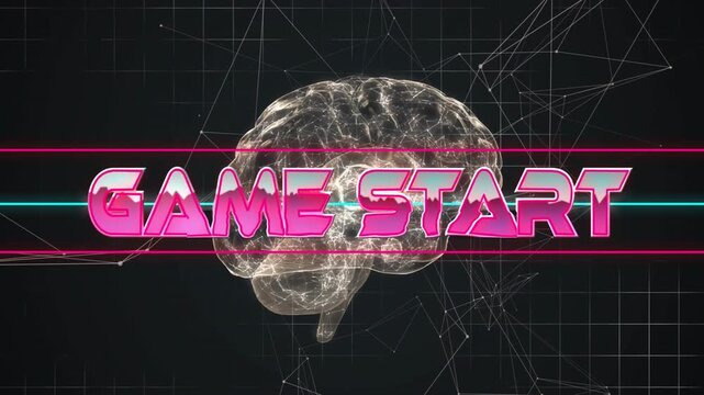 Neon letters drifting in signaling game start text materializing 3D brain rotating and bars sliding