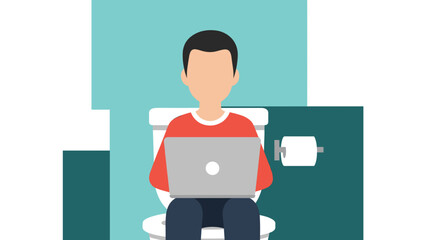 Illustration of a person working on a laptop while sitting on a toilet; perfect for articles on work-life balance, remote work humor, or social media posts.