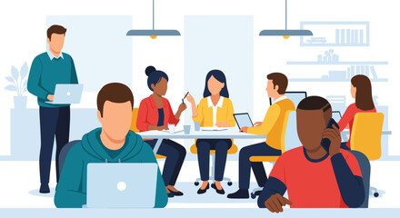 Diverse team collaborating in a modern office, perfect for website banners, presentations, or social media posts about teamwork and productivity.
