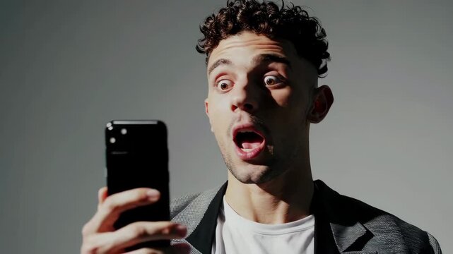 Surprised young man reacting to shocking news on smartphone