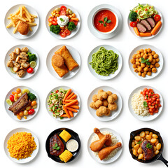 Restaurant Menu Concept: Twelve Culinary Plates Featuring Global Cuisine &ndash; Fries, Grilled Meats, Vibrant Salads and Ethnic Dishes in Uniform Grid Presentation set of food