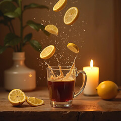 cup of coffee and lemon with a candle