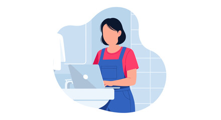 A young woman in overalls uses a laptop in a bathroom setting. Ideal for websites, blogs, or social media posts about remote work, technology, or modern lifestyles.
