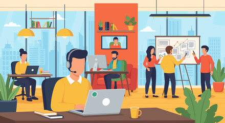 Modern office illustration perfect for website banners, presentations, and marketing materials showcasing teamwork, collaboration, and remote work.