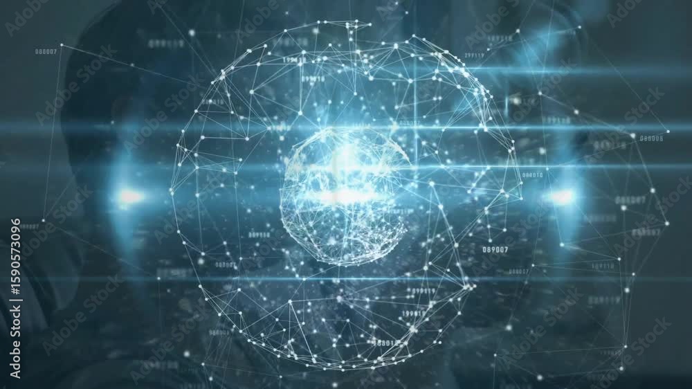 Poster pc powering holographic network tech sphere materializing rotating scanning beam behind seated man