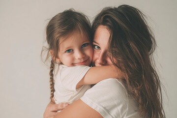 A little girl hugging her mother and smiling, a photograph of a beautiful young woman with long hair wearing a white t-shirt and holding her young daughter at home, a close-up portrait on a light back