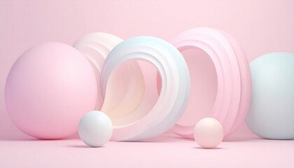 Fototapeta premium Pastel-colored spheres and torus shapes arranged on a pink background, creating an abstract, minimalist composition.