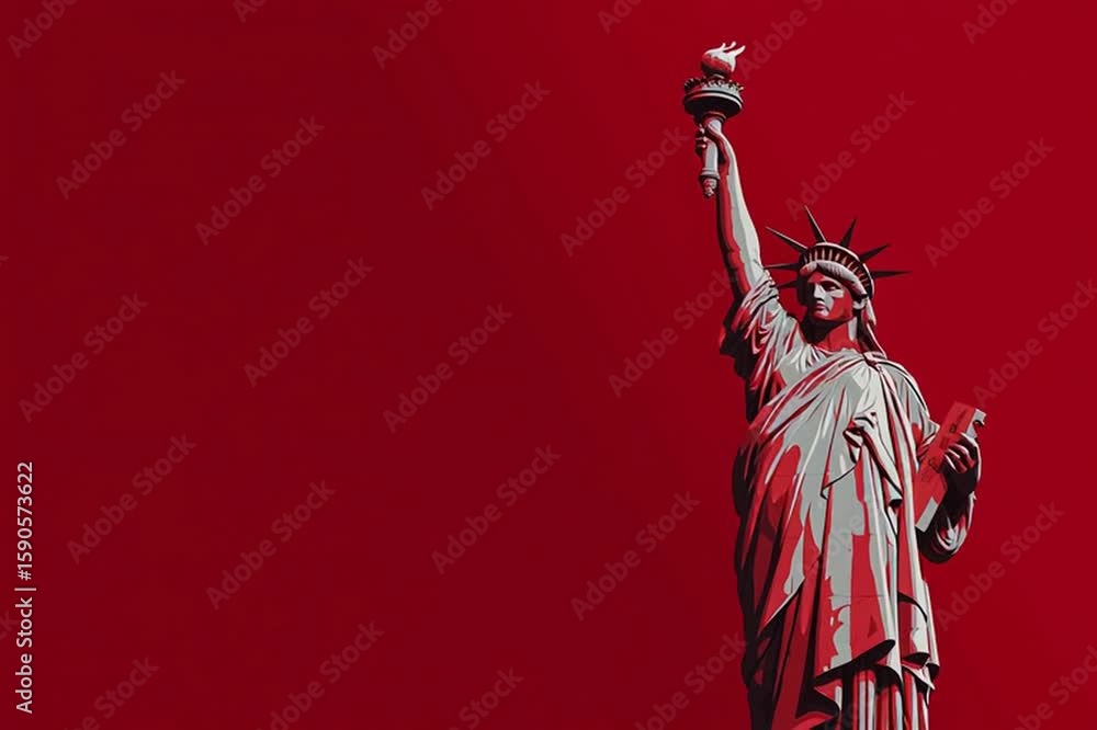 Poster red background, red and white color scheme, illustration of the statue of liberty holding up her tor