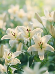 A field of lilies, with the flowers gently swaying in the breeze