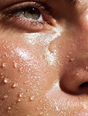 Shows moisturized skin after applying a face mask, no pores or prominent problems, emphasizing a bright and healthy texture, suitable for advertising hydrating serum or masks.