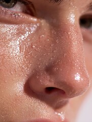 Fototapeta premium Shows moisturized skin after applying a face mask, no pores or prominent problems, emphasizing a bright and healthy texture, suitable for advertising hydrating serum or masks.